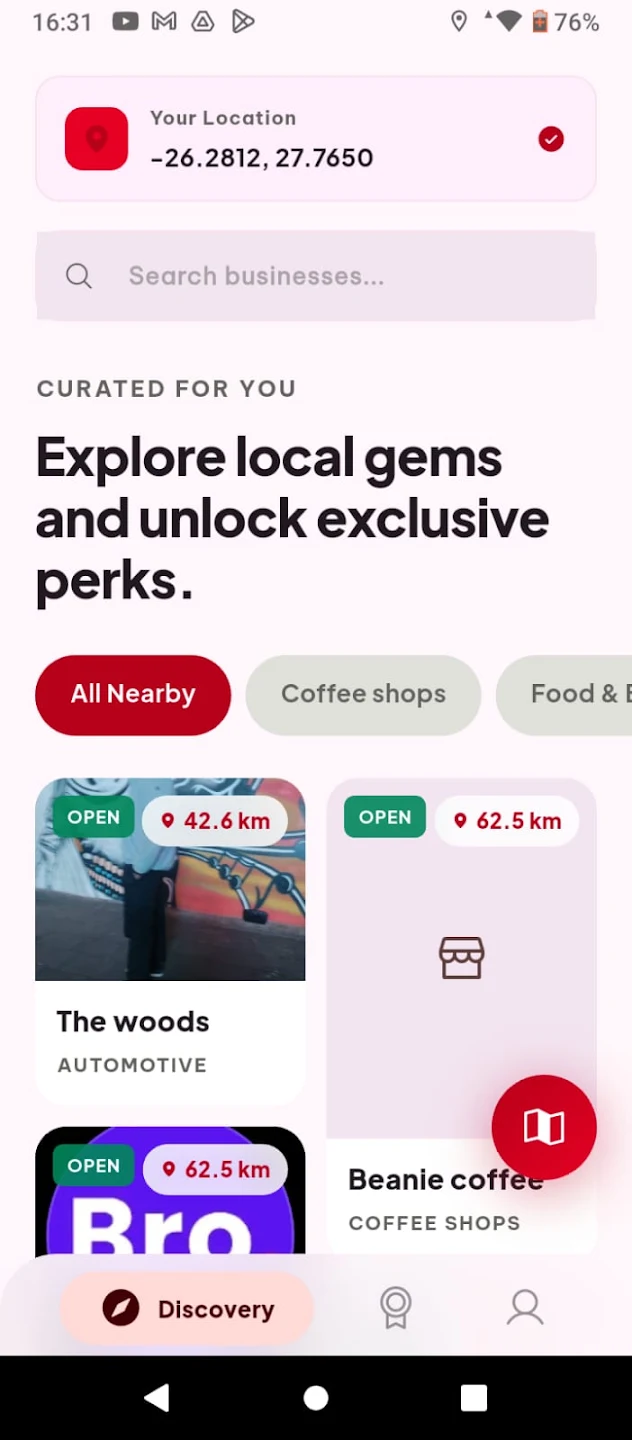 Bin Perks showing nearby businesses offering rewards